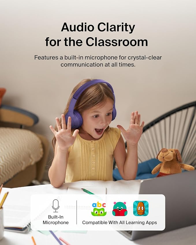 Belkin SoundForm Mini - Wireless Bluetooth Kids Headphones, 30H Battery, 85dB Safe Volume Limit, Built-in Microphone - Toddler On-Ear Earphones for iPhone, iPad - Ideal for School - Purple w/Case