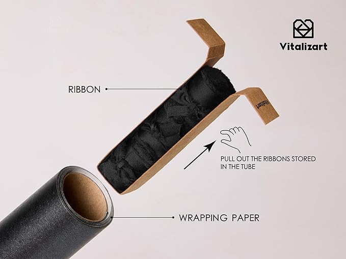 Vitalizart Black Wrapping Paper Set 30" Pearly-Lustre With Silk Like Satin Ribbon & Gift Tags Recyclable Eco-Friendly Christmas Gift Wrapping Birthday Baby Shower Wedding Handmade Crafts 197"(16.4 Ft)