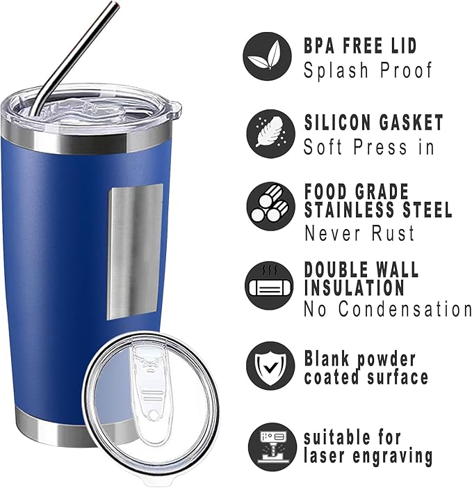 20oz insulted tumblers stainless steel cup Tumbler Bulk with push Lid, and metal straw powder coated coffee cup for cold and hot drinking (48, dark blue)