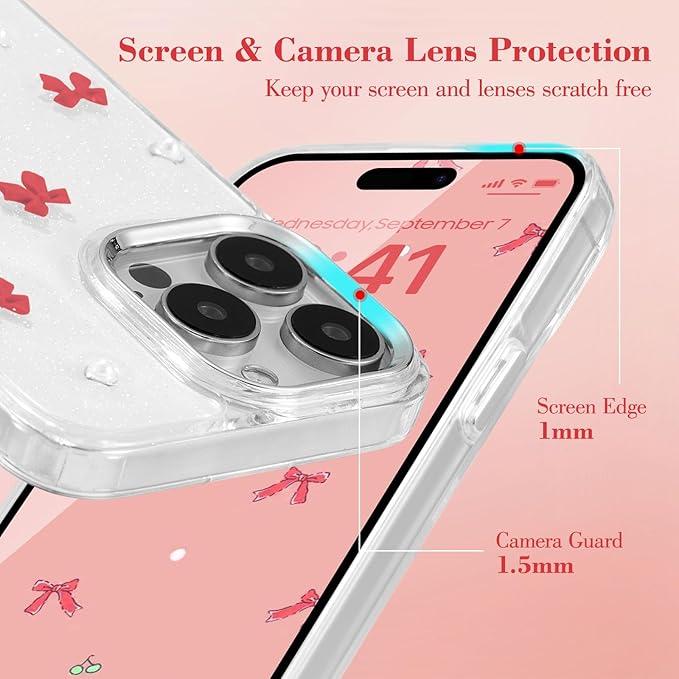 EYZUTAK Case for iPhone 12 Pro Max, Bling Glitter 3D Bowknot Phone Case Cute Sparkly Crystal Clear Bow Aesthetic Design Case Slim Soft Durable TPU Transparent Protective Cover for Women Girl-Red Bow