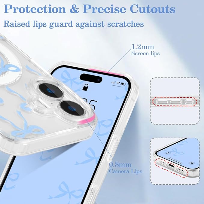UEEBAI Magnetic for iPhone 16 Plus Case, Bow Case Compatible with MagSafe, Wireless Slim Clear Ribbon Aesthetic Phone Cover Anti-Yellowing Shockproof Protective Cover for Women Girl - Baby Blue