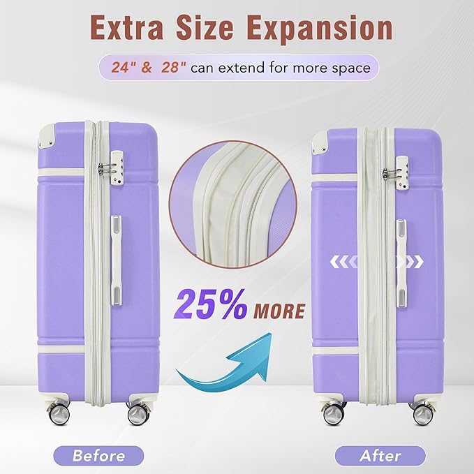 Merax Suitcase Set 28 inches Expandable Luggage with TSA Lock Spinner Wheels Hardshell Lightweight Vintage Luggage with Travel Bag,Purple