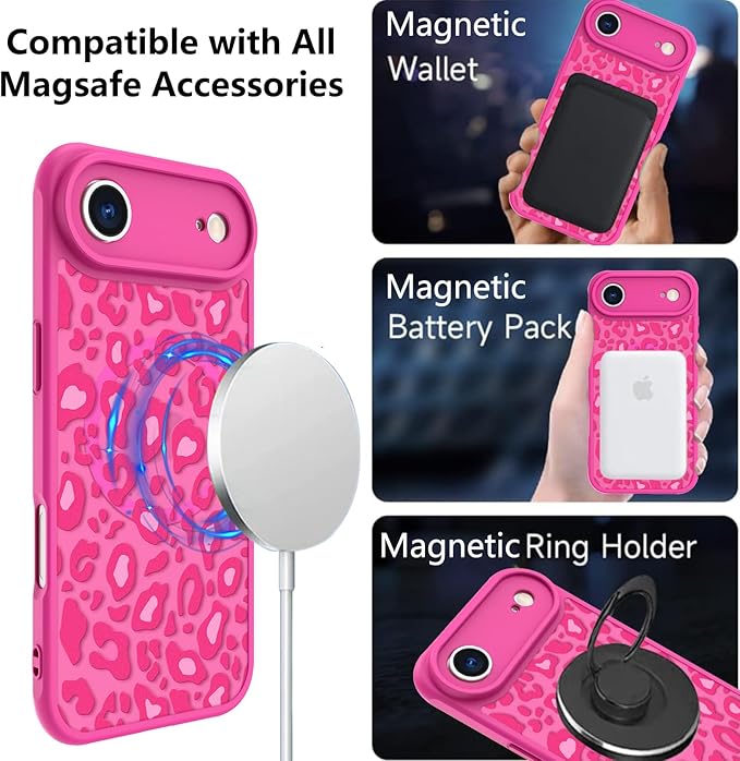 KANGHAR Case Compatible with iPhone Air Hot Pink Leopard Printed Pattern [Compatible with Magsafe] Cute Cheetah Protective Magnetic Case for Girls Women 6.5"