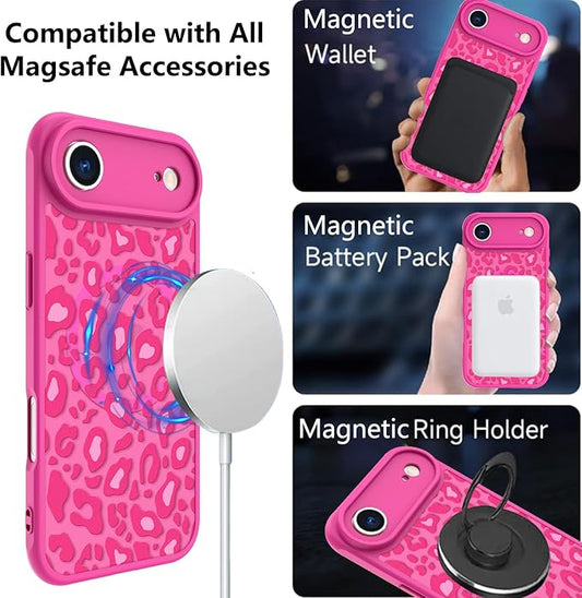 KANGHAR Case Compatible with iPhone Air Hot Pink Leopard Printed Pattern [Compatible with Magsafe] Cute Cheetah Protective Magnetic Case for Girls Women 6.5"