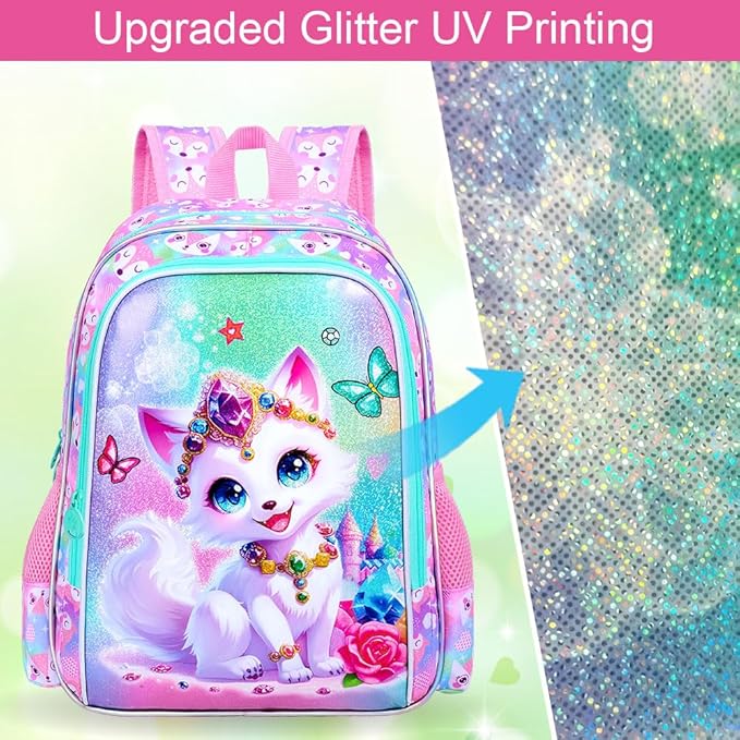 16" Fox Backpack for Girls, 3Pcs Kids Bookbag for Elementary Preschool Kindergarten, School Backpacks with Lunch Box(Pink)