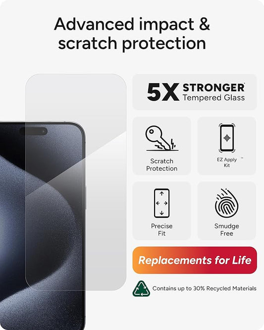 ZAGG Glass Elite iPhone 15 Pro Max Screen Protector - 5X Stronger with Reinforced Edges, Scratch & Smudge-Resistant Surface, InvisibleShield, Easy to Install