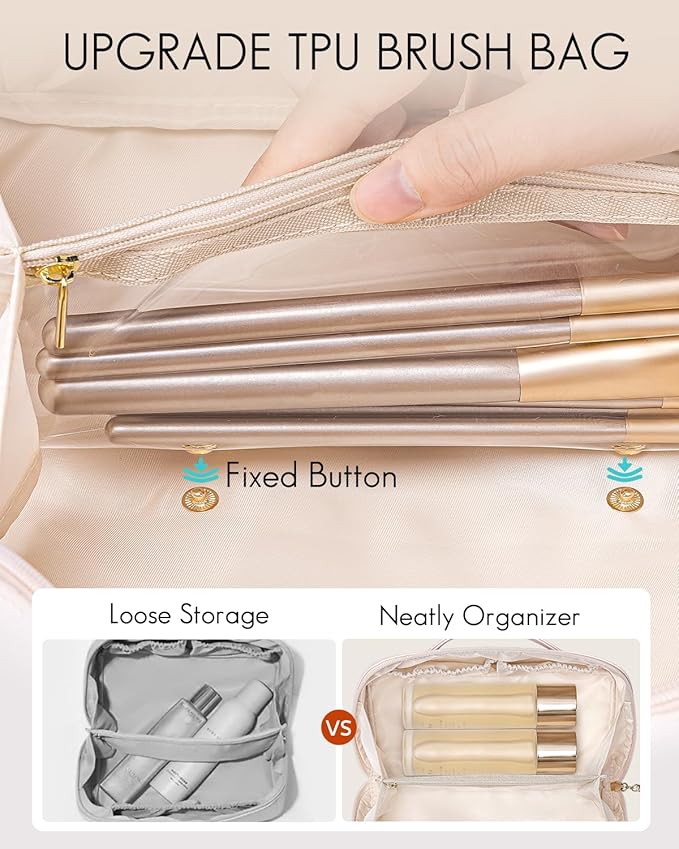 Vlando Makeup Bag,Large Capacity Toiletry Bag for Women Waterproof Portable Make up Pouch PU Leather Open Flat Cosmetic Bag(Apricot Pink)