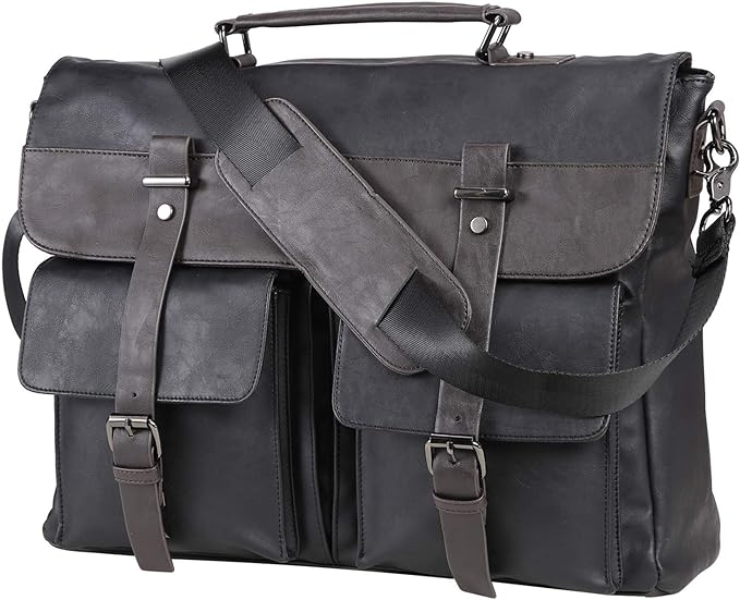 seyfocnia Men's Vintage Black 17.3 Inch Water Resistant PU Leather Laptop Bag, Messenger Bag, Satchel, Briefcase