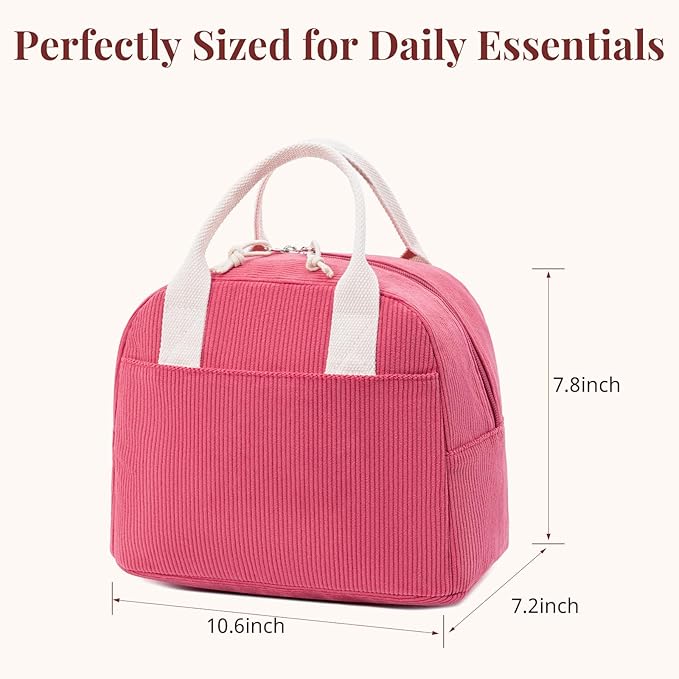 Insulated Lunch Bag for Women Men, Stylish Corduroy Tote Bag with Aluminum Lining, Large Capacity Reusable Cooler for Work, Travel, or Beach, Raspberry Pink Lunch Box