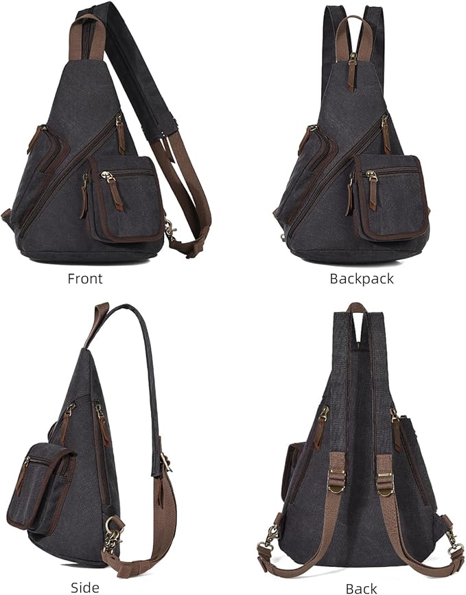 KL928 Canvas Sling Bag - Casual Crossbody Shoulder Daypack Rucksack Backpack for Men Women, Black