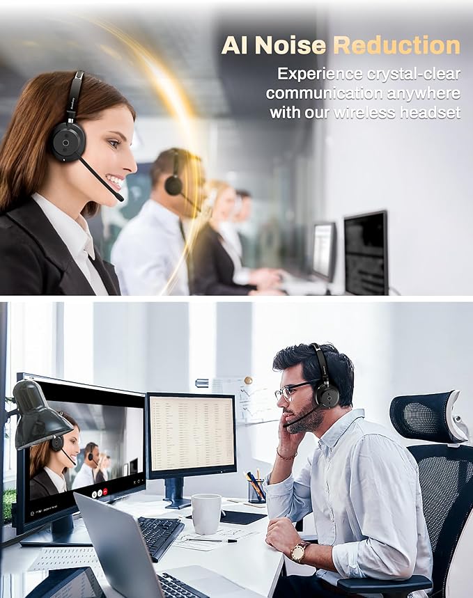 Bluetooth Wireless Headset with Mic for Work - Wireless Headphones for PC, Office, Call Center, Noise Reduction Mic, 2.4Ghz USB Dongle & Bluetooth 5.3, Lightweight & Comfortable for Online Class