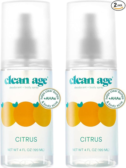Aluminum Free Deodorant & Body Spray for Whole Body - Citrus 4oz (2 Pack) Clean Deodorant and Body Spray for Teen Boys and Girls - With AHA For Body Acne - Body Spray for Teens Formula
