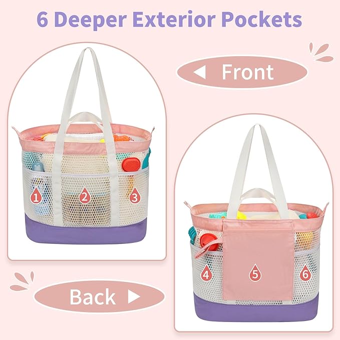 Mesh Beach Bag, Extra Large Beach Bags for Women, Lightweight Foldable Sandproof Tote Bag for Family & Vacation