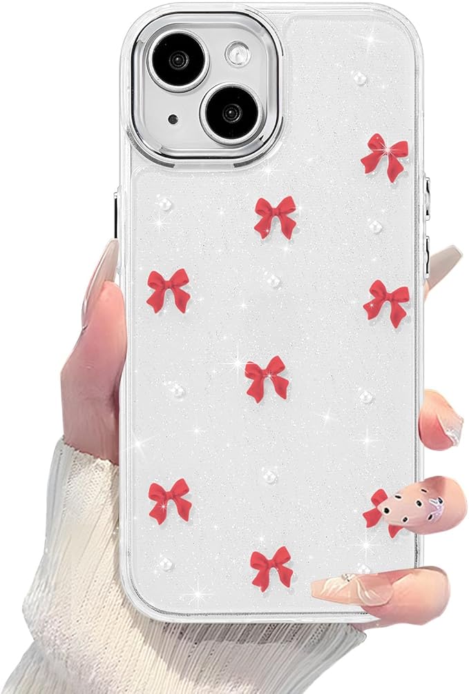 EYZUTAK Case for iPhone 15, Bling Glitter 3D Bowknot Phone Case Cute Sparkly Crystal Clear Bow Aesthetic Design Case Slim Soft Durable TPU Transparent Protective Cover for Women Girl - Red Bow