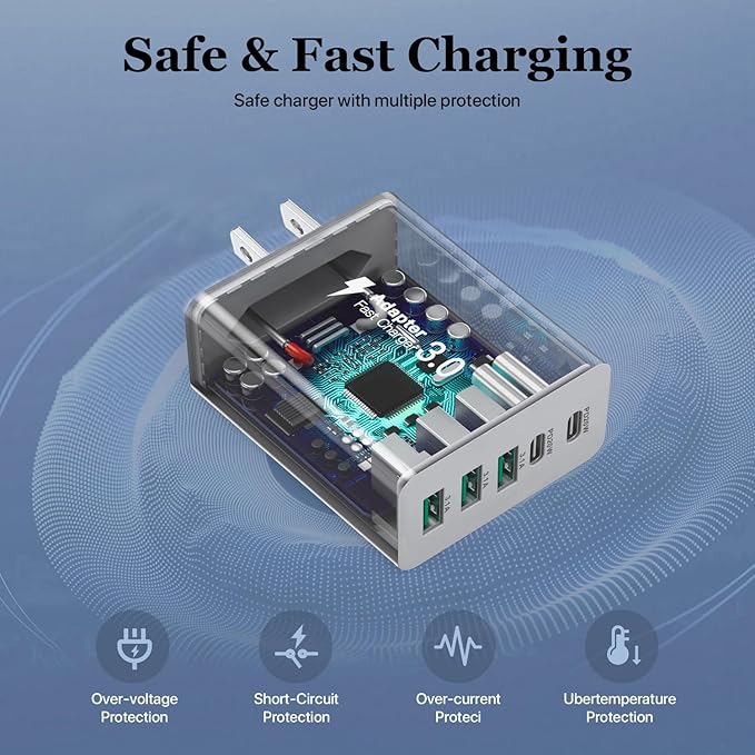 [2-Pack] USB C Wall Charger Block, 50W Fast Charger USB Block, 5-Port Plug Power Adapter, Multiple Ports Charging Station Compatible with iPhone 16/15/14/13/12/11 Pro Max/XS/XR/8/iPad/Galaxy S24