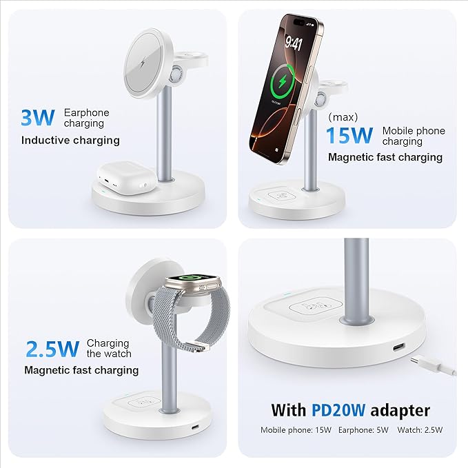3 in 1 Wireless Charging Station for Multiple Devices, 15W Fast Magnetic Wireless Charger Stand with Adjustable Angle, Compatible with iPhone12-16 Series, Apple Watch, AirPods - Gifts for Men &Women