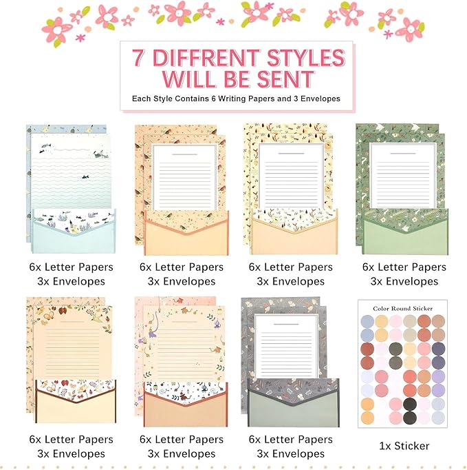 64 Pcs Stationery Paper Envelopes Set Includes 42 Lined Writing Paper & 21 Envelopes with 48 Colorful Round Dot Stickers, Cute Vintage Floral Letter Writing and Stationery Paper Envelopes(7Style)