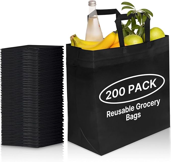 Simply Cool 200 Pack Black Reusable Eco-Friendly Large Grocery Shopping Bags 14.5"x14"x6.6" Durable Recyclable Shopping Bags Washable Foldable Portable Tote Bags Bulk