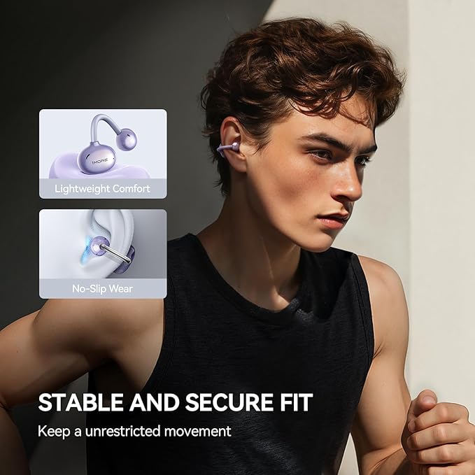 1MORE S20 Open Ear Headphones, Lightweight Comfort Clip-On Wireless Earbuds, 30H Playtime Bluetooth 5.4 Headphones with 4 ENC Microphones, IPX5 Water Resistance, Secure Fit for Sports Workout, Purple