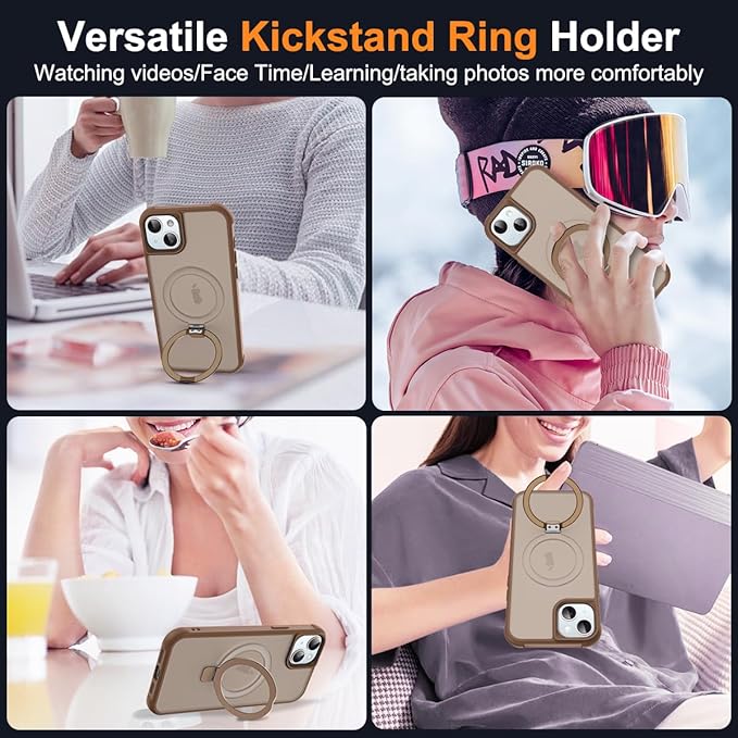Compatible with iPhone 13 Case & iPhone 14 Case with Invisible Magnetic O-Ring Stand Translucent Phone Cases for 13 & 14 6.1" [Compatible with Mag-Safe][Great Grip Feeling], Desert Brown