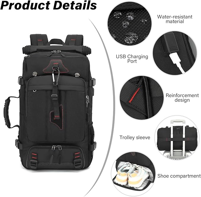 Travel Backpack for Men & Women, 60L Extra Large Backpack Durable Convertible Duffle Bag Fit for 18 Inch Laptop with Shoe Compartment, Wet Pocket