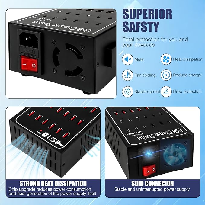 Multiport USB C Charger Block RISWOJOR, 150W (30A) 30 Port USB Charging Station with Auto Detect, Multi USB Charger Station with Type-C 3A for Smartphone Tablets Multiple Devices
