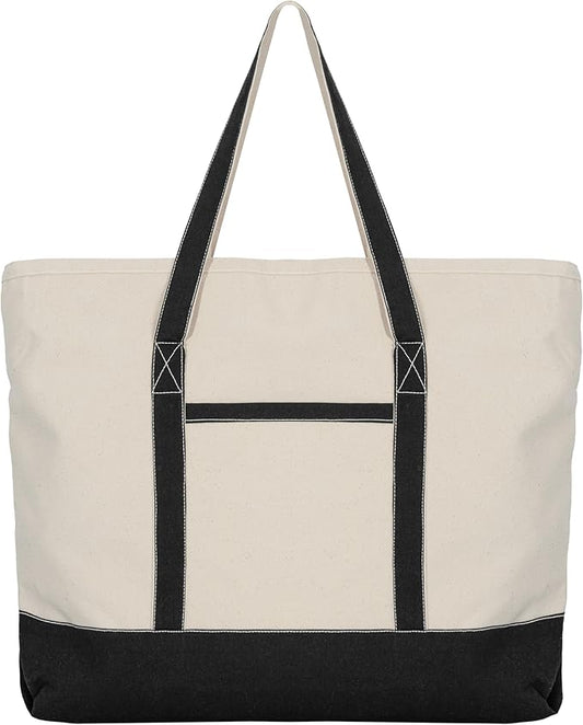Extra Large Canvas Tote Bags with Zipper - 22 Inches Heavy Duty, Premium Zippered Tote Bag - Zip Top, 100% Organic Cotton, Sturdy, Washable Large Cotton Tote Bags - Multipurpose Canvas Shopping Bag