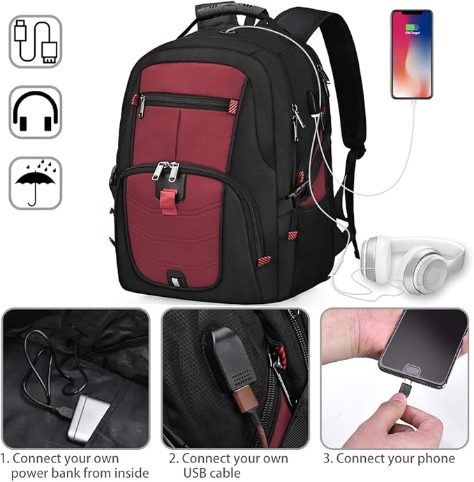 NUBILY Laptop Backpack 18.4 Inch Waterproof Extra Large TSA Travel Backpack Anti Theft College Business Mens Backpacks with USB Charging Port 17.3 Gaming Computer Backpack for Women Men Red