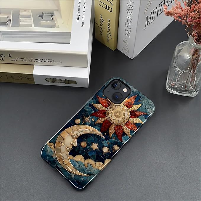Case for iPhone 13 iPhone 14 Case,Sun Moon Stars Faux Stained Glass Design Hybrid Dual Protection Silicone + Hard PC Shockproof Full Body Cover,Slim Anti-Scratch Protective for Men Women