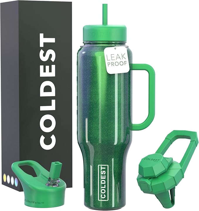 Coldest Tumbler with Handle and Straw, 100% Leak Proof Insulated Tumbler with Lid and Straw (3 Lids), Stainless Steel Tumblers for Women & Men, Cup Holder Friendly, 46 oz (Enchanted Green)
