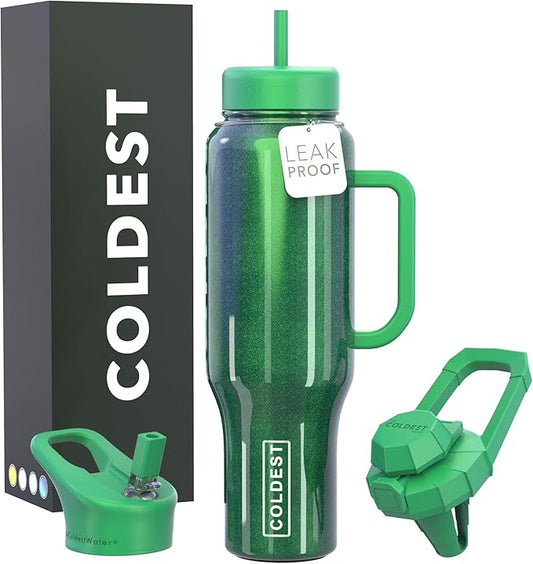 Coldest Tumbler with Handle and Straw, 100% Leak Proof Insulated Tumbler with Lid and Straw (3 Lids), Stainless Steel Tumblers for Women & Men, Cup Holder Friendly, 46 oz (Enchanted Green)