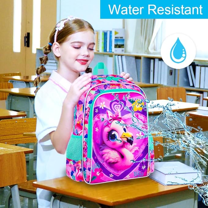 16" Girls Backpack, 3Pcs Flamingo School Bookbag with Lunch Box, Kids Backpacks for Elementary Preschool Kindergarten(Pink)