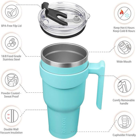 BJPKPK Tumbler With Handle And Straw Lid 40 oz Stainless Steel Insulated Coffee Tumbler Cups For Home, Office or Car,Turquoise