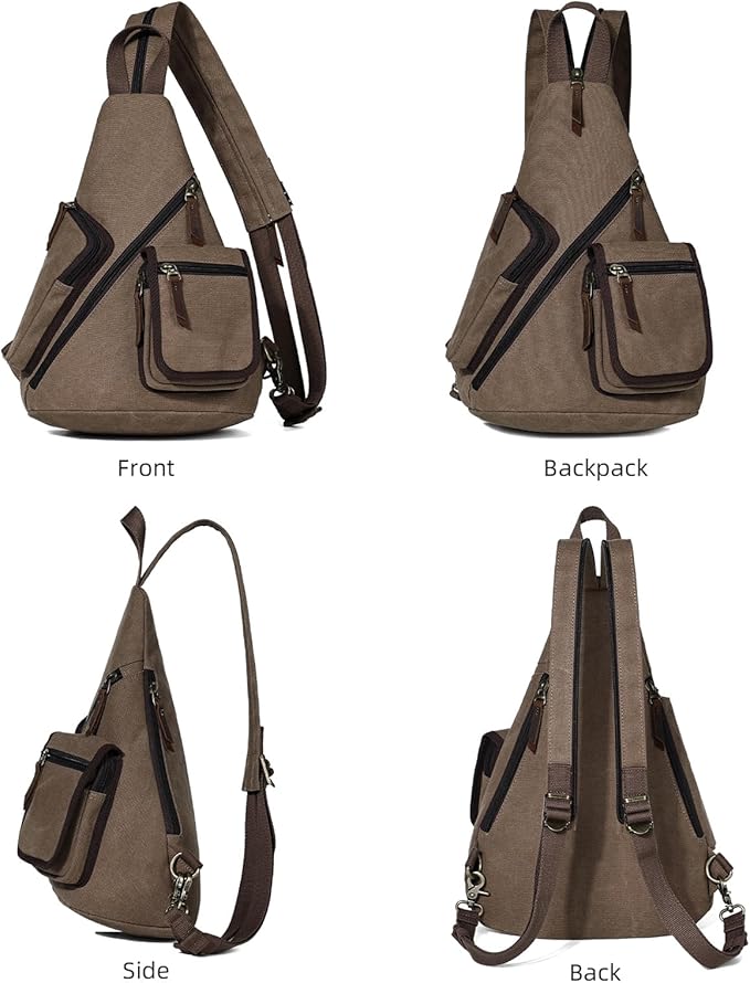 KL928 Canvas Sling Bag - Casual Crossbody Shoulder Daypack Rucksack Backpack for Men Women, Brown