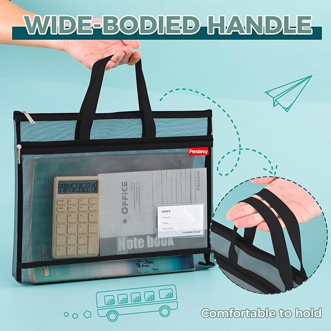 Pendancy Mesh Zipper Pouch A4 Size, Large Double Pocket Lightweight Nylon Transparent File Bag with Handle, 11x13.8 in Foldable Document Storage for Puzzle Project/Cross Stitch/Travel/Office (Black)