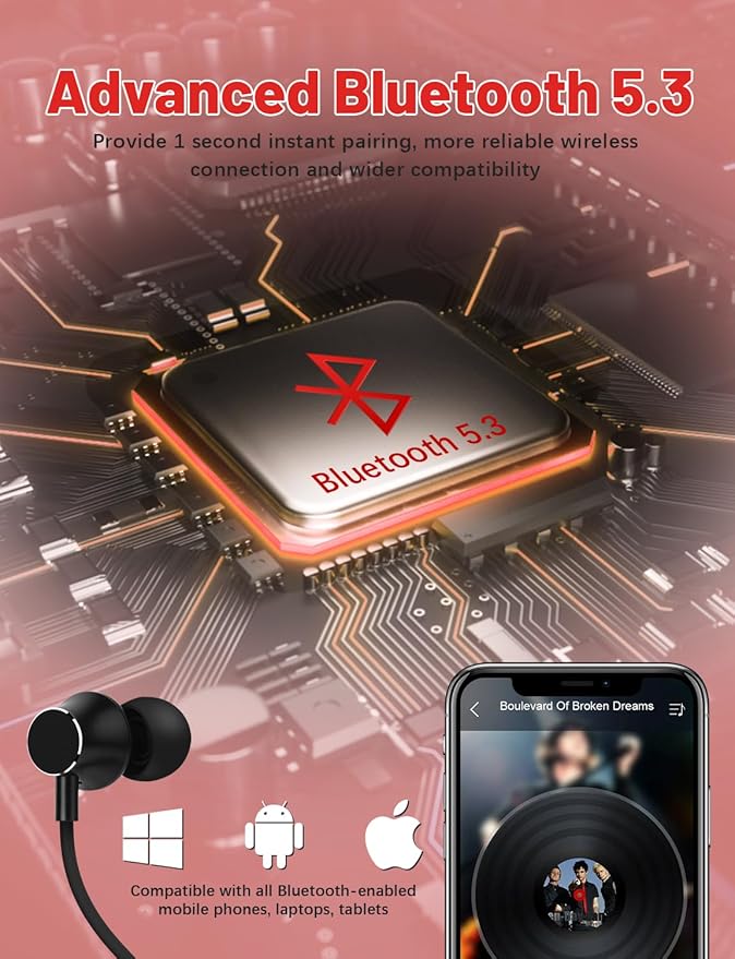 Neckband Bluetooth Headphones, 200H Long Playtime Wireless Stereo Neckband Earbuds with Microphone, Waterproof Around The Neck Headphones in Ear Headset for Sports/Workout/Office (Black)