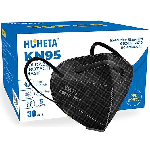 HUHETA KN95 Face Masks, Packs of 30 Black Mask, 5-Layers Mask Protection, Protective Cup Dust Masks for Outdoor Indoor Use