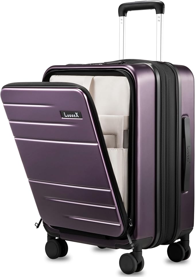 LUGGEX Carry On Luggage 22x14x9 Airline Approved, Expandable Polycarbonate Suitcase with Front Pocket (Purple, 20 Inch, 38L)