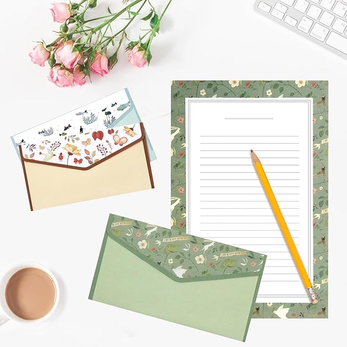 64 Pcs Stationery Paper Envelopes Set Includes 42 Lined Writing Paper & 21 Envelopes with 48 Colorful Round Dot Stickers, Cute Vintage Floral Letter Writing and Stationery Paper Envelopes(7Style)