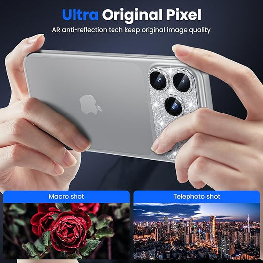 WSKEN for iPhone 17 Pro Max Camera Lens Protector, [Military Grade Shatterproof] [Strong Adhesion] Metal Aluminum Alloy Tempered Glass Camera Screen Protector, Glitter