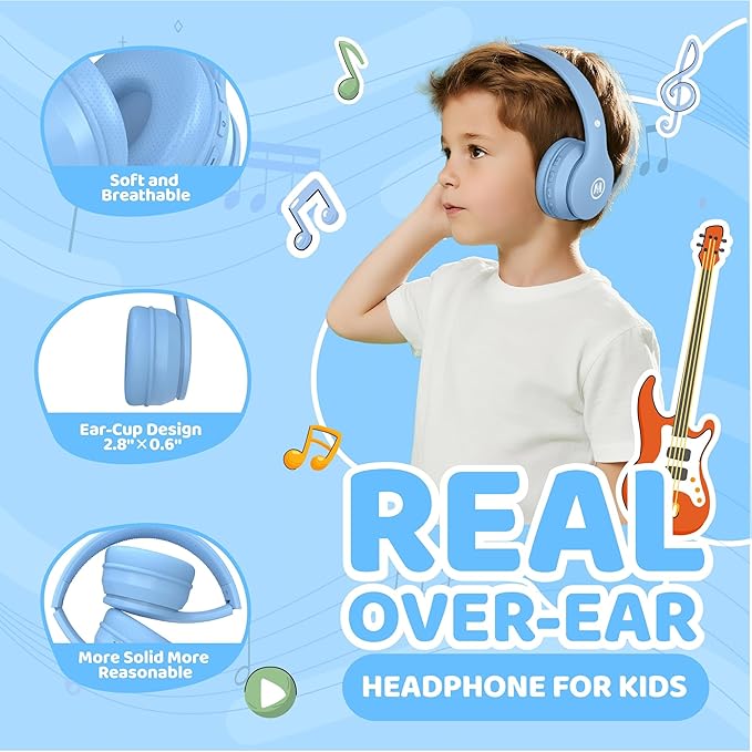 Headphones Kids Bluetooth 5.4 Wireless Play Time 68H Safe Volume Limit 85/94dB Over-Ear Foldable Headset,Fast Charging,with Aux Cord Built-in Mic for Toddler Child Pad Study Tablet Blue