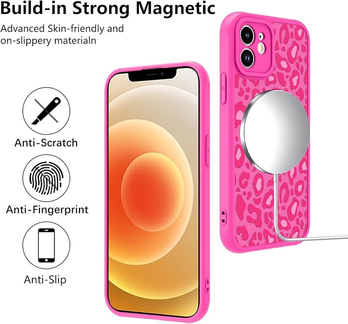 KANGHAR Case for iPhone 12 Hot Pink Leopard Printed Pattern Cute Cheetah [Compatible with Magsafe] Protective Magnetic Case for Girls Women 6.1"