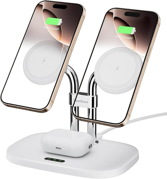 Wireless Charger for iPhone Air/17, SwanScout 706M, Dual Magnetic Charger for iPhone 16/15/14/13/12 Series, Charging Station for AirPods Pro 3/2, AirPods 4/3rd (White)