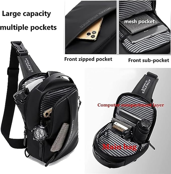 Waterproof Sling Bags Mens Shoulder Crossbody Backpack with USB Charging Port& Headphone,Outdoor Lightweight Bag