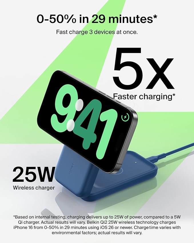 Belkin MagSafe Charger Compatible, 3-in-1 Charging Station, Qi2.2 25W Magnetic Wireless Charger Dock, Foldable Charging Stand for iPhone 17/16/15, Apple Watch, AirPods, Pixel 10 (45W Adapter Included)