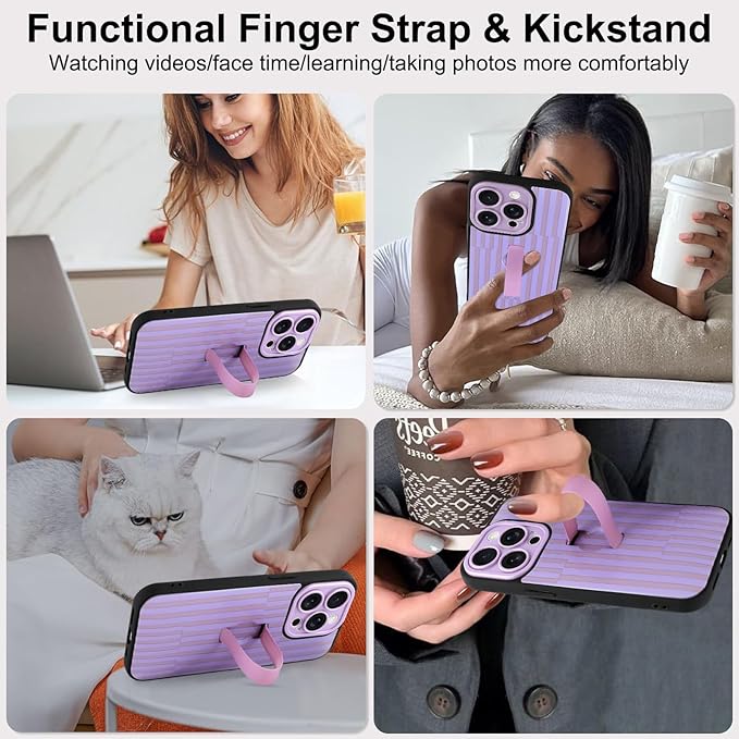 Compatible with iPhone 14 Pro Max Case with Finger Hand Strap Kickstand, Trendy Cool Striped Phone Case for Women Men, Full Camera Protection Shockproof Protective Cover, Purple Stripes