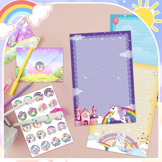 TaoBary 160 Pcs Stationery Paper Set 50 Double Sided Stationery Papers with 50 Matching Envelopes and 60 Round Dot Sticker, 10 Design(Unicorn,5.5 x 8.25 Inch)
