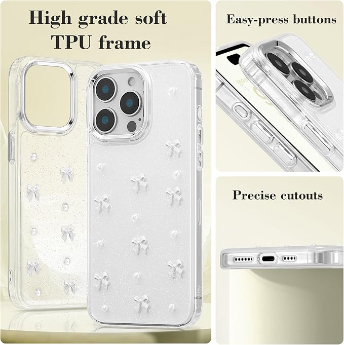 EYZUTAK Case for iPhone 15 Pro, Bling Glitter 3D Bowknot Phone Case Cute Sparkly Crystal Clear Bow Aesthetic Design Case Slim Soft Durable TPU Transparent Protective Cover for Women Girl - White Bow