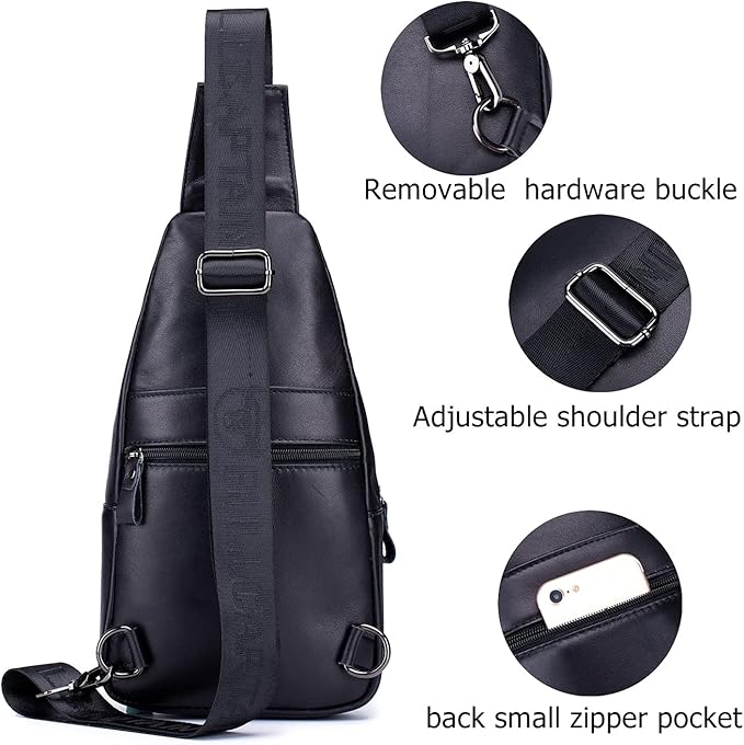 BULLCAPTAIN Men Sling Chest Bag Genuine Leather Casual Multipurpose Crossbody Shoulder Backpack Travel Hiking Daypack (Black)