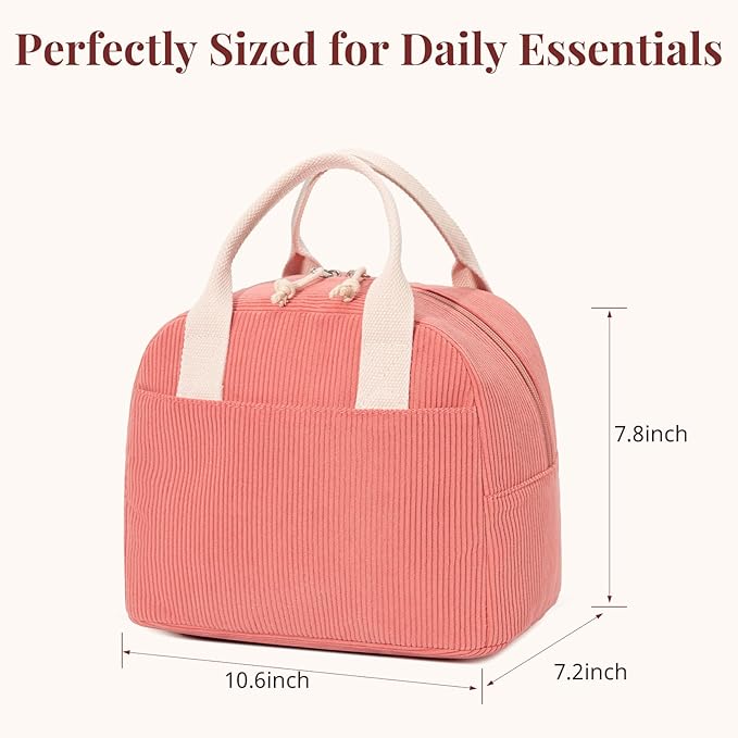 Insulated Lunch Bag for Women Men, Stylish Corduroy Tote Bag with Aluminum Lining, Large Capacity Reusable Cooler for Work, Travel, or Beach, Coral Pink Lunch Box
